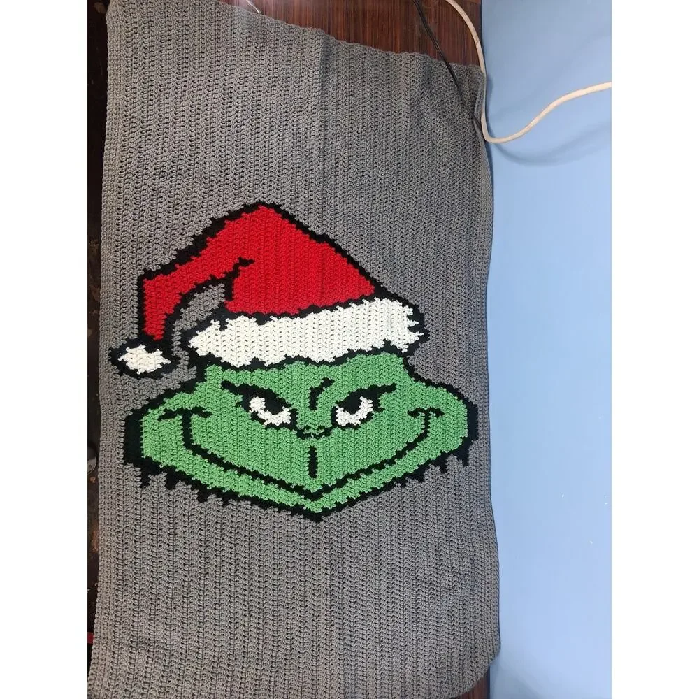 Handmade Crocheted Grinch Blanket 48 × 28 Green Grey Christmas Playful Winter